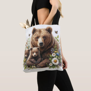 Brown Bear with Cubs in a Floral Meadow Tote Bag