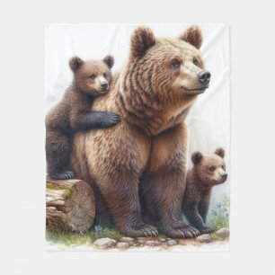Brown Bear with Two Cubs Fleece Blanket