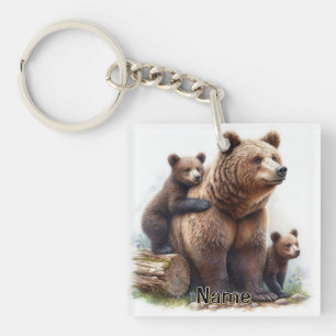 Brown Bear with Two Cubs Keychain