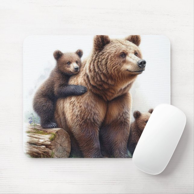 Brown Bear with Two Cubs Mouse Pad (With Mouse)