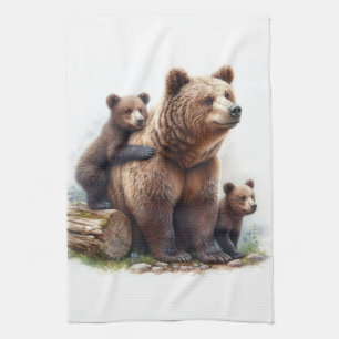 Brown Bear with Two Cubs Rustic Wildlife  Kitchen Towel