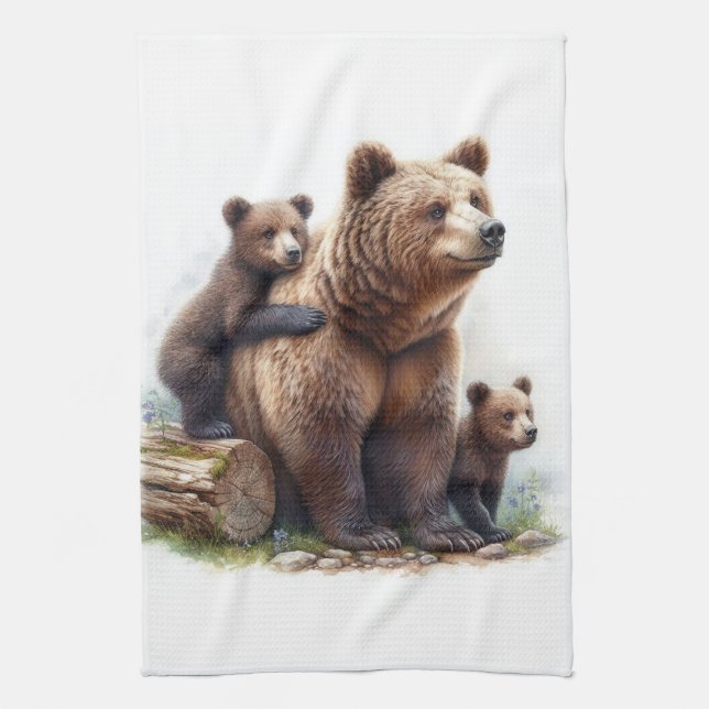 Brown Bear with Two Cubs Rustic Wildlife  Kitchen Towel (Vertical)