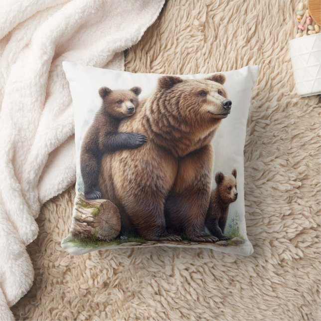 Brown Bear with Two Cubs Throw Pillow (Blanket)