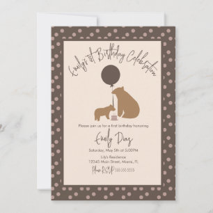 Brown Bears Balloon Cake First Birthday Party Invitation