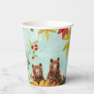 Brown Bears Eating Red Rowan Berries Paper Cups