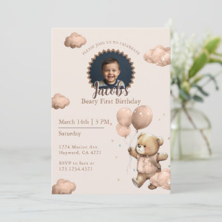 Brown Beary First Birthday Boy Photo Invitation