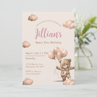 Brown Beary First Birthday Girl Invitation