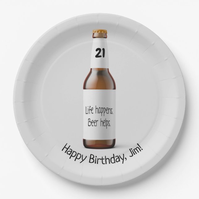 Brown beer bottle for 21st birthday paper plate (Front)