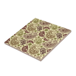 Brown Beige And Pastel Green Vintage Paisley Patte Tile