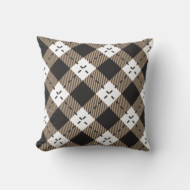 Brown beige and white plaid pattern throw pillow (Front)