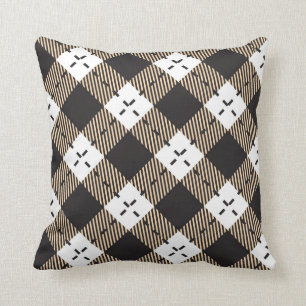 Brown beige and white plaid pattern throw pillow