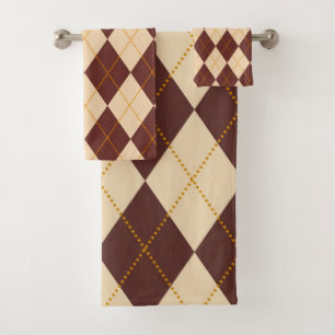 Brown Beige Autumn Fall Argyle Diamond Pattern Bath Towel Set