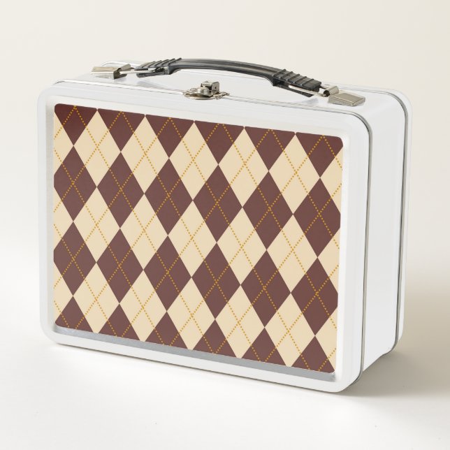 Brown Beige Autumn Fall Argyle Diamond Pattern  Metal Lunch Box (Front)