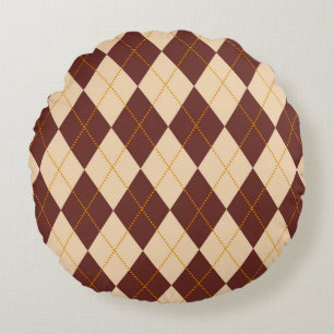 Brown Beige Autumn Fall Argyle Diamond Pattern Round Pillow