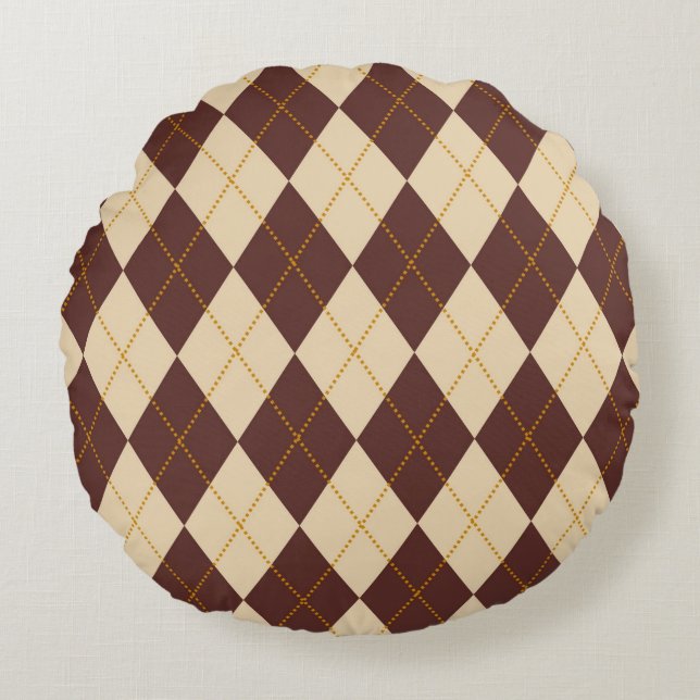 Brown Beige Autumn Fall Argyle Diamond Pattern  Round Pillow (Front)