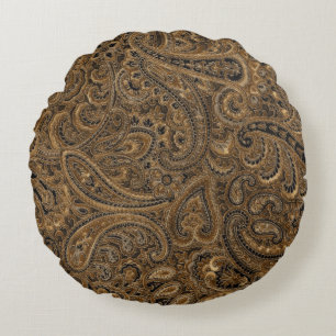 Brown, Beige & Black Floral Paisley Pattern Round Pillow
