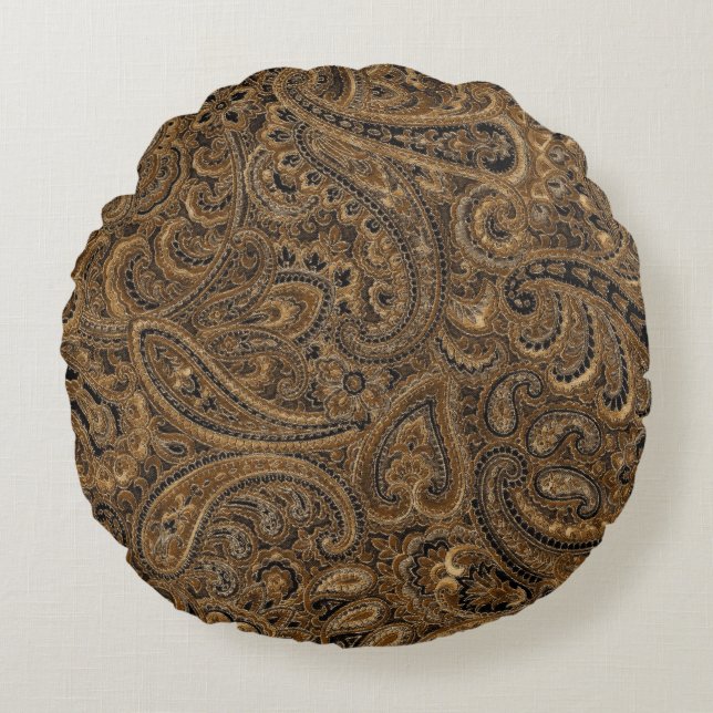 Brown, Beige & Black Floral Paisley Pattern Round Pillow (Front)