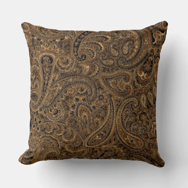 Brown, Beige & Black Floral Paisley Pattern Throw Pillow (Front)