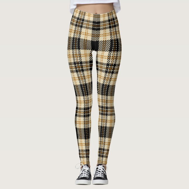 Brown Beige Black Plaid Pattern Leggings (Front)