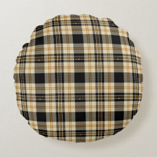 Brown Beige Black Plaid Pattern Round Pillow