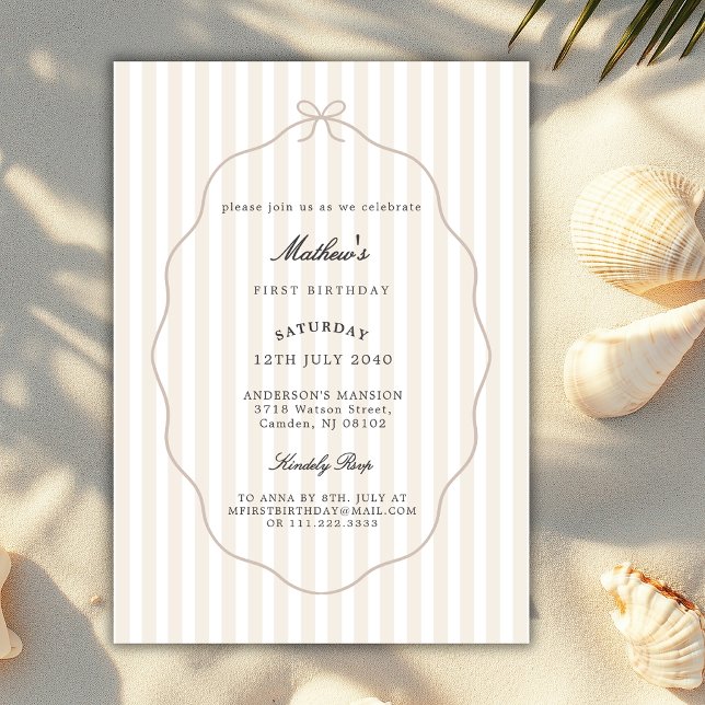 Brown Beige Bow Stripes Classic Any Birthday  Invitation (Creator Uploaded)