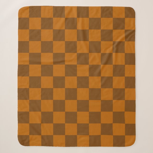 Brown Beige Chequered Block Print  Sherpa Blanket (Front)