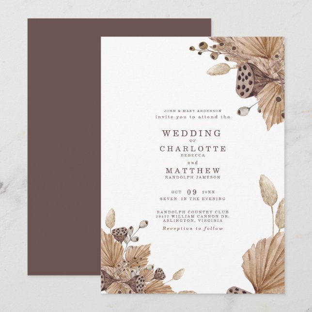 Brown & Beige Dried Foliage Wedding Invitation (Front/Back)
