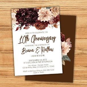 Brown Beige Floral 10th Wedding Anniversary Invitation