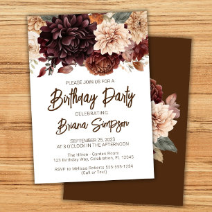 Brown Beige Flowers Birthday Party Invitation