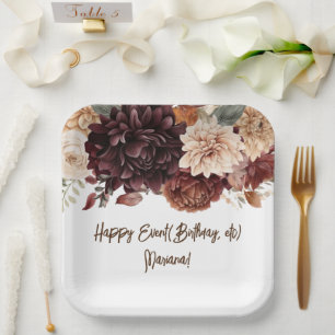 Brown Beige Flowers Floral Party Paper Plate