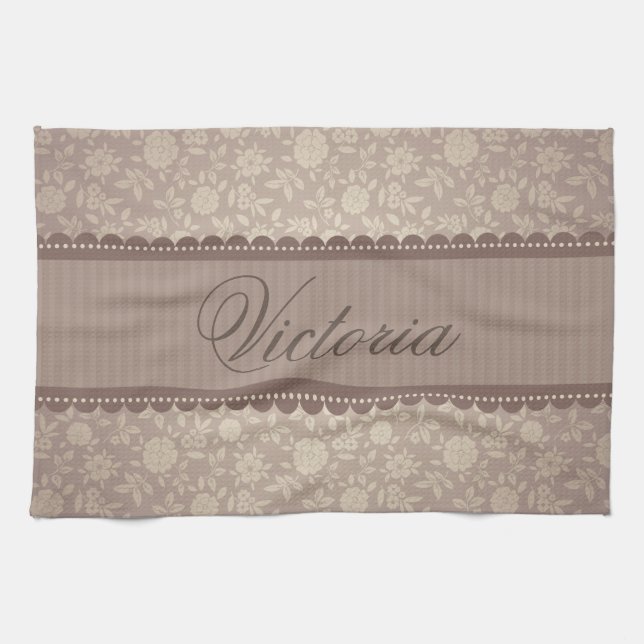 Brown Beige Flowers Pattern Custom Text Kitchen Towel (Horizontal)