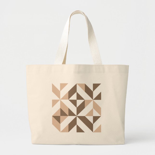 Brown Beige Geometric Cube Pattern Large Tote Bag (Front)