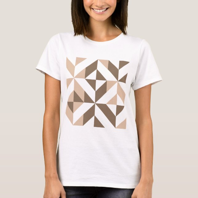 Brown Beige Geometric Cube Pattern T-Shirt (Front)