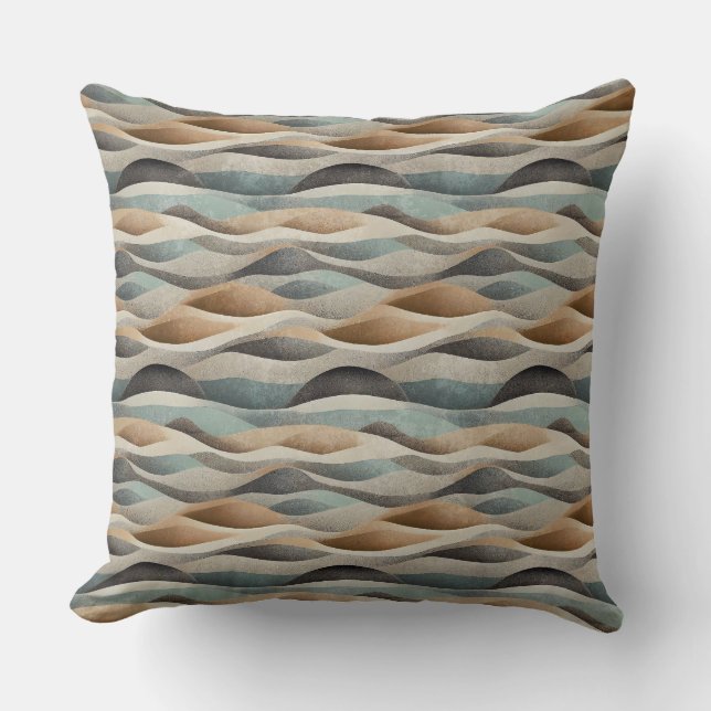 BROWN BEIGE GREEN TEAL ABSTRACT WAVES THROW PILLOW (Front)