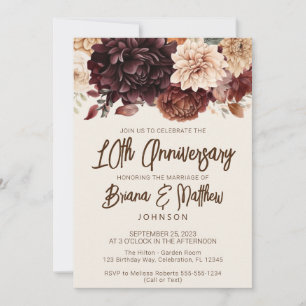 Brown Beige Ivory Floral 10th Wedding Anniversary  Invitation