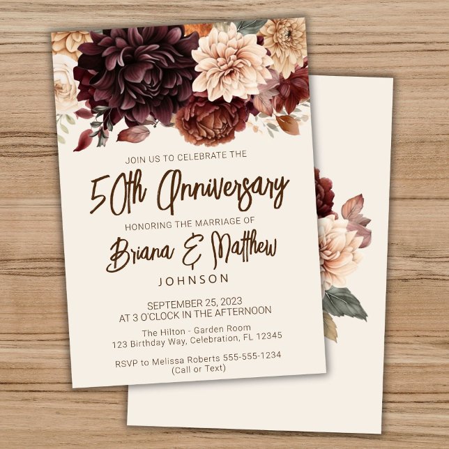 Brown Beige Ivory Floral 50th Wedding Anniversary  Invitation (Creator Uploaded)