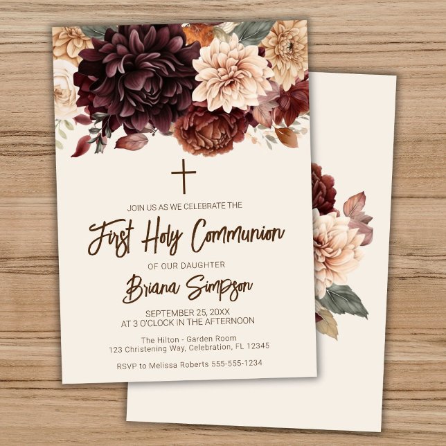 Brown Beige Ivory Floral First Holy Communion Invitation (Creator Uploaded)