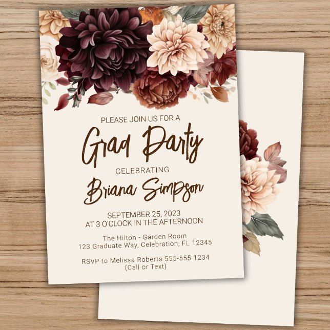 Brown Beige Ivory Floral Graduation Grad Party Invitation (Creator Uploaded)