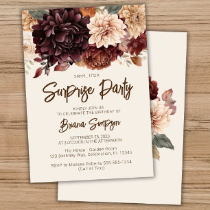 Brown Beige Ivory Flowers Surprise Birthday Party Invitation