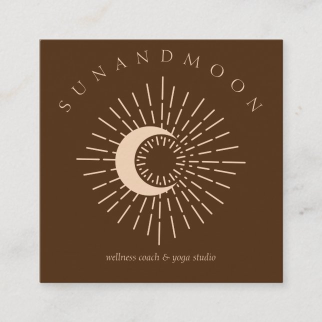 Brown Beige Minimal Modern Celestial Sun Moon Square Business Card (Front)