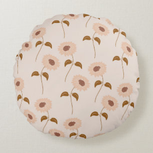 Brown Beige Retro Y2K Hippie Sunflower Pattern Round Pillow