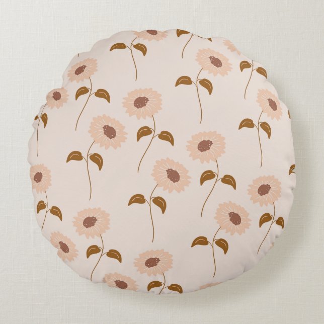 Brown Beige Retro Y2K Hippie Sunflower Pattern Round Pillow (Front)