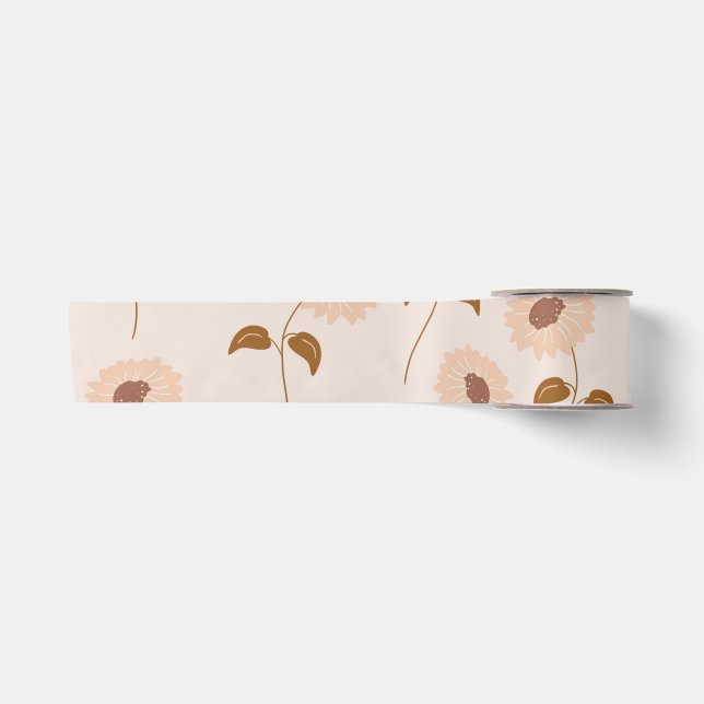 Brown Beige Retro Y2K Hippie Sunflower Pattern Satin Ribbon (Front)