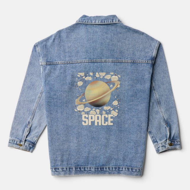 Brown Beige Saturn Planet Denim Jacket (Back)