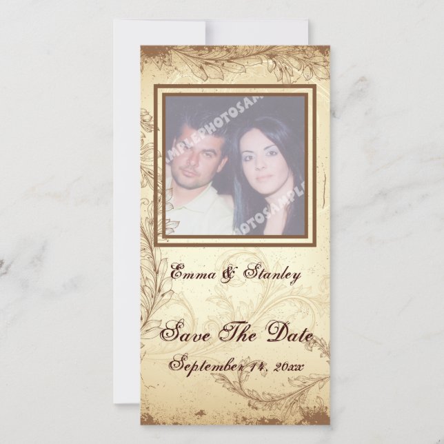 Brown beige scroll leaf wedding Save the Date (Front)