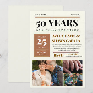 Brown Beige Simple Grid Newspaper 50th Anniversary Invitation