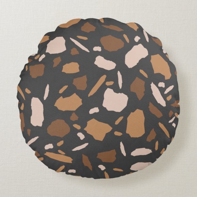Brown, Beige,  Tan and Grey Terrazzo Marble  Round Pillow (Front)