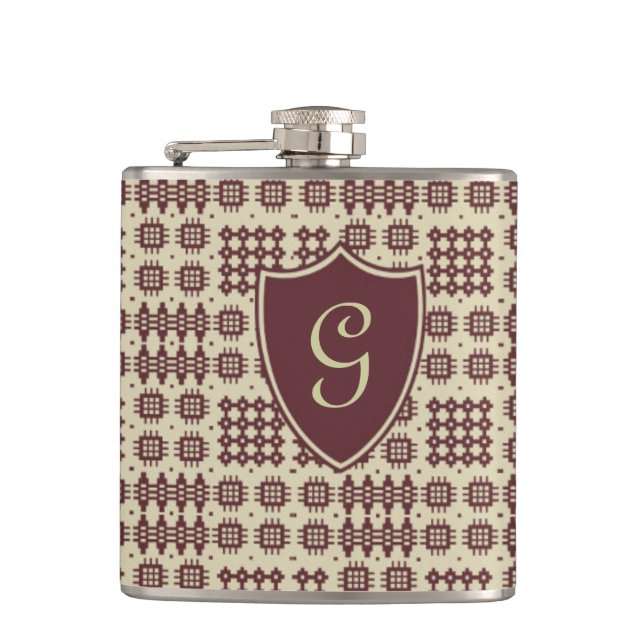 Brown, Beige Welsh Tapestry Monogram Hip Flask (Front)