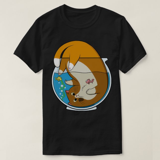 Brown big cat in aquarium with colourful fish T-Shirt (Design Front)