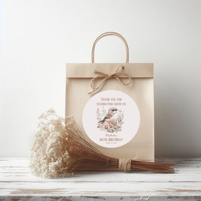 Brown Bird 80th Birthday Thank You Classic Round Sticker (Bird birthday party thank you sticker)